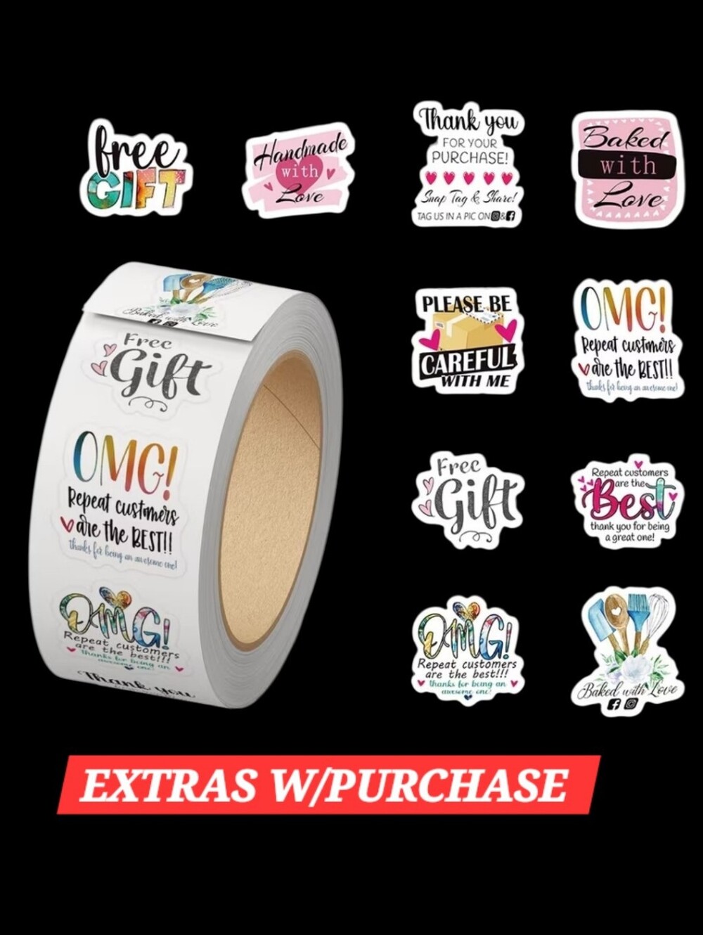 500ct. Custom Assorted Sticker Roll - White & Multicolor Bonus - 3 Random Polys